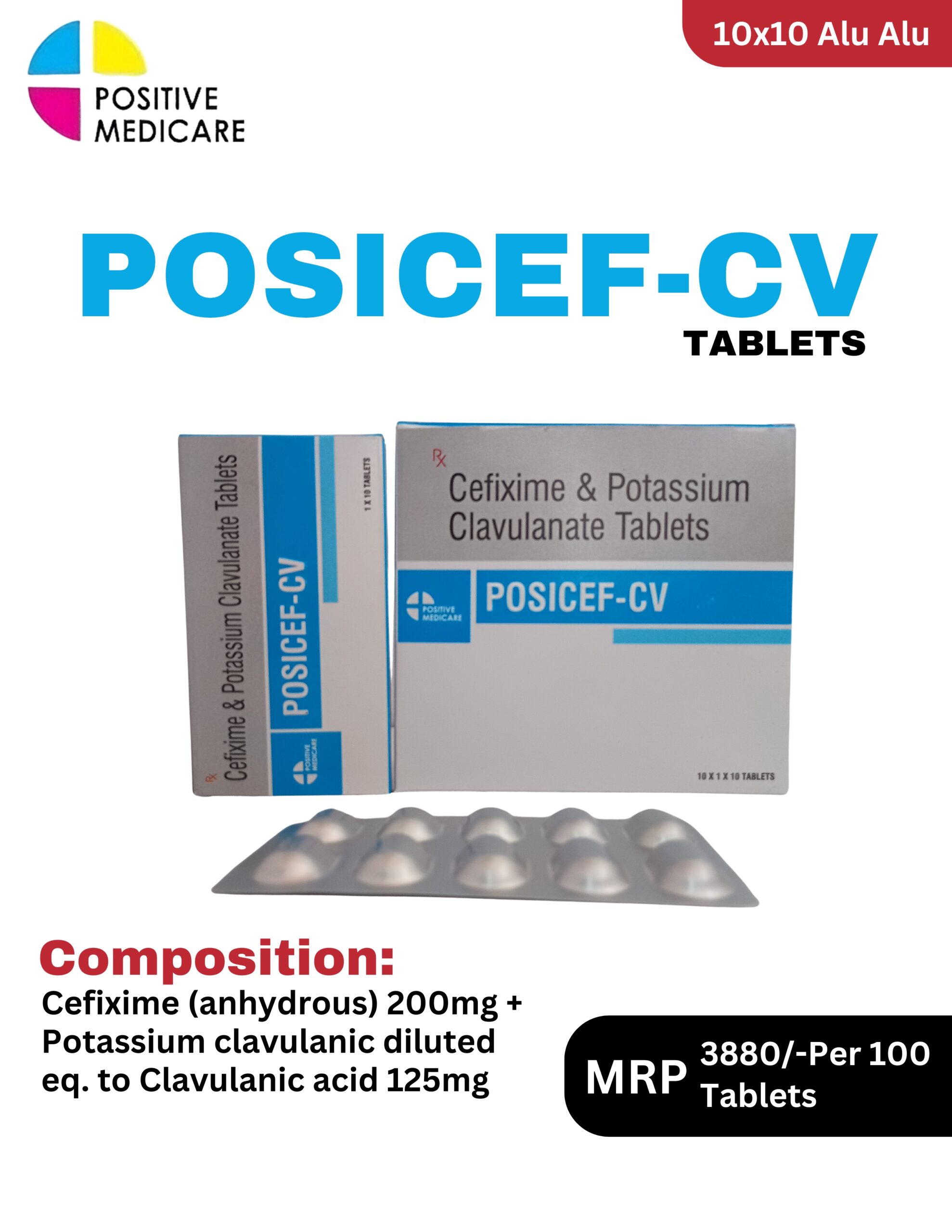Posicef-CV Tablets 10x1x10 Alu Alu blister pack and box containing Cefixime and Clavulanic Acid by Positive Medicare.