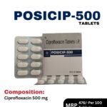 Posicip-500 Tablets 10x10 blister pack and box containing Ciprofloxacin 500 mg by Positive Medicare.