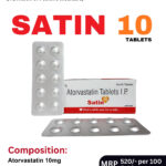 SATIN 10 Tablets 10x10 Alu-Alu blister pack and box containing Atorvastatin Tablets I.P. 10 mg by Positive Medicare.