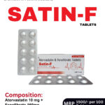 SATIN-F Tablets 10x10 Alu-Alu blister pack and box containing Atorvastatin and Fenofibrate Tablets by Positive Medicare.