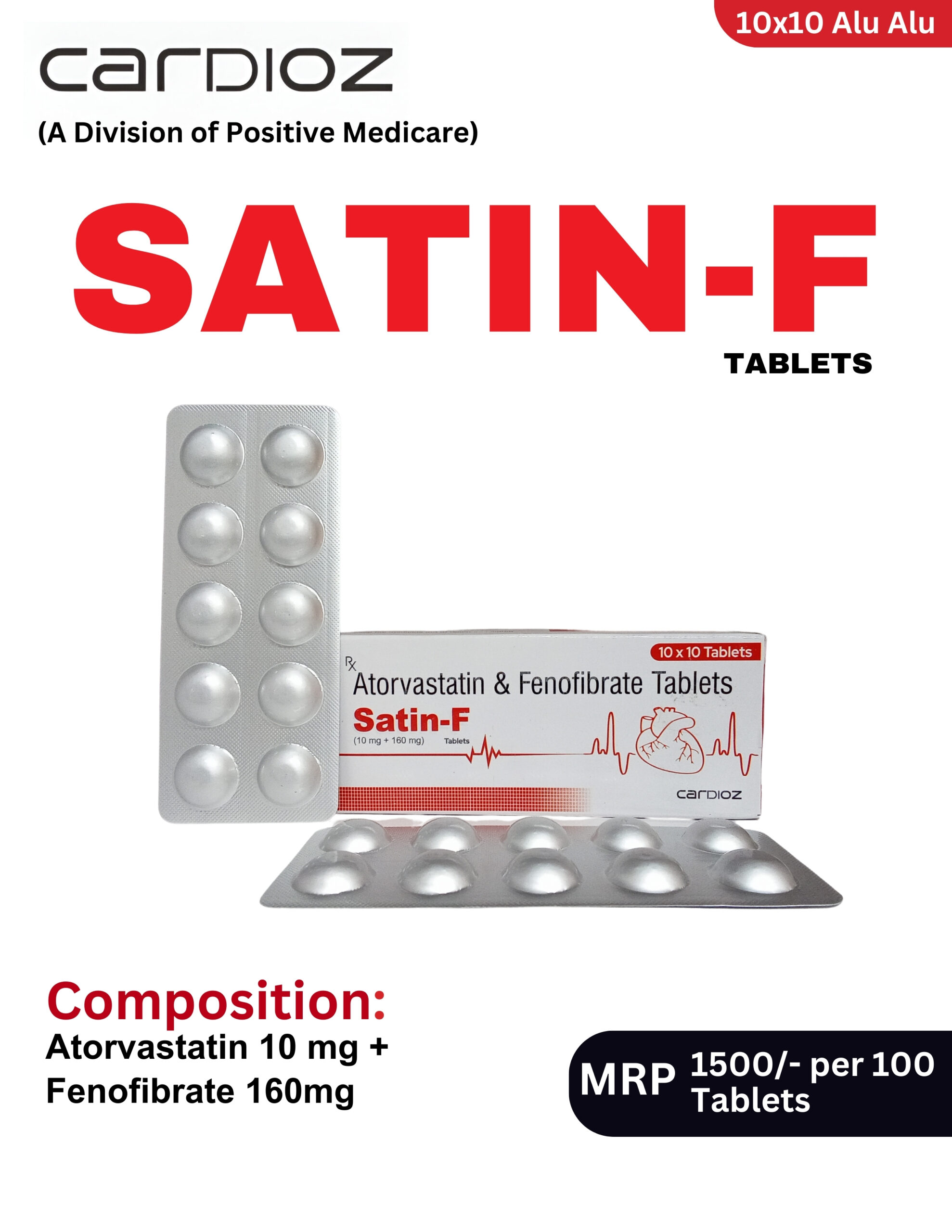 SATIN-F Tablets 10x10 Alu-Alu blister pack and box containing Atorvastatin and Fenofibrate Tablets by Positive Medicare.