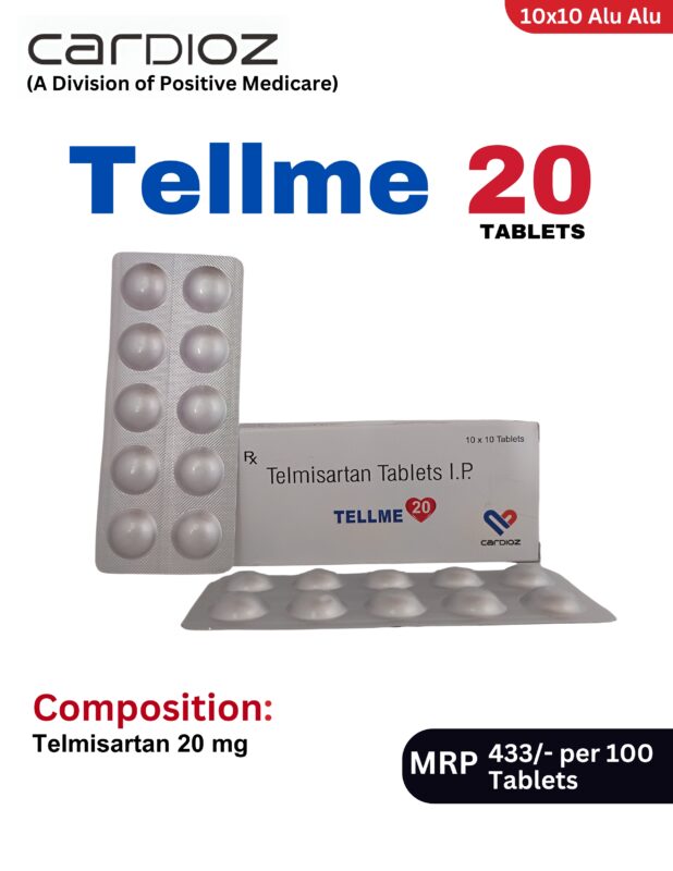 Tellme 20 Tablets 10x10 Alu-Alu blister pack and box containing Telmisartan Tablets I.P. 20 mg by Positive Medicare.