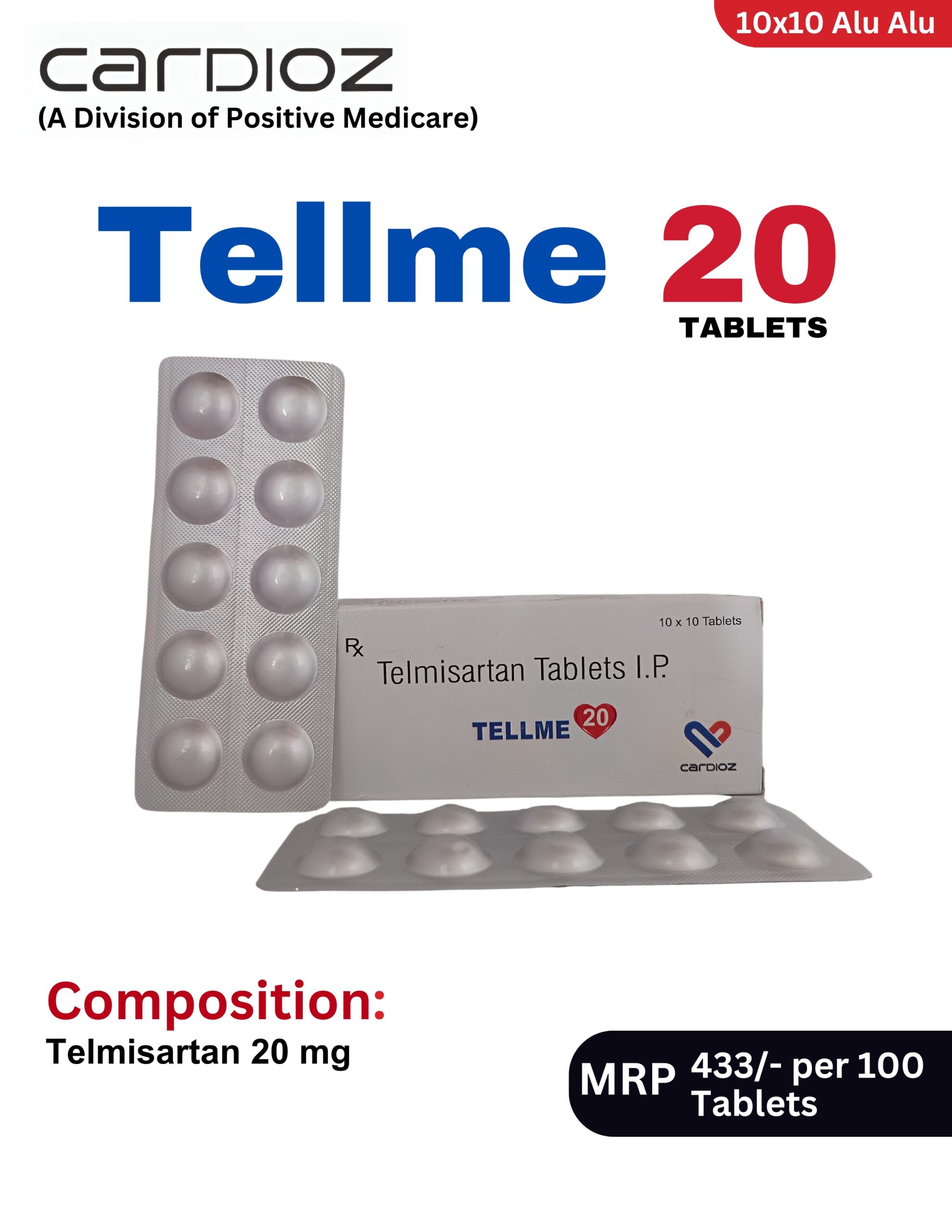 Tellme 20 Tablets 10x10 Alu-Alu blister pack and box containing Telmisartan Tablets I.P. 20 mg by Positive Medicare.