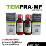 TEMPRA-MF Suspension 60 ML bottle and carton containing Mefenamic Acid 100mg and Paracetamol 250mg pediatric oral suspension by Positive Medicare.