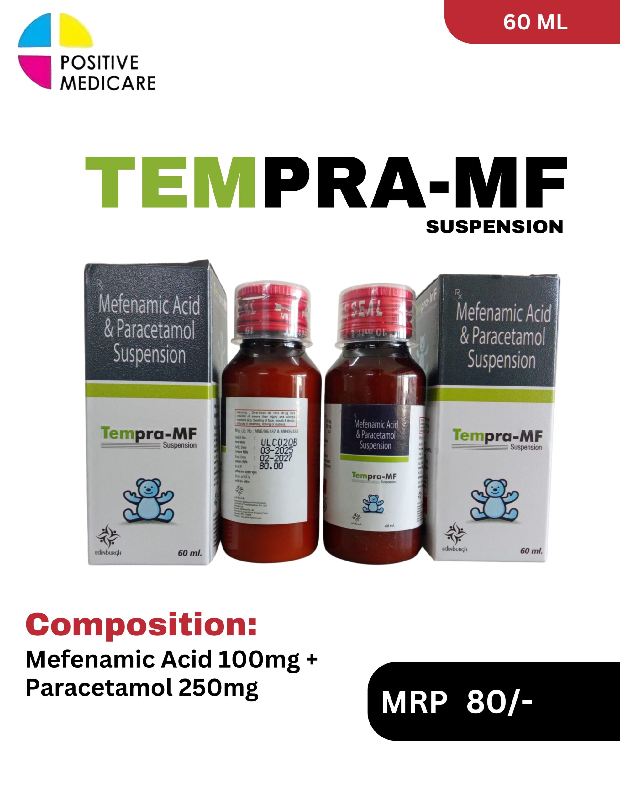 TEMPRA-MF Suspension 60 ML bottle and carton containing Mefenamic Acid 100mg and Paracetamol 250mg pediatric oral suspension by Positive Medicare.
