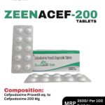 Zeenacef-200 Tablets 10x10 Alu Alu blister pack and box containing Cefpodoxime Proxetil 200 mg dispersible tablets by Positive Medicare.