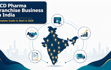 PCD pharma franchise business in India 2026 guide showing India map with franchise territories, monopoly rights, product supply, and growth icons