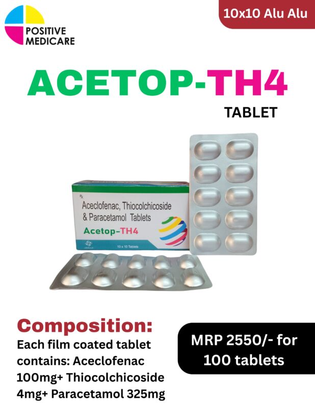 ACETOP TH4 tablet containing Aceclofenac 100 mg, Thiocolchicoside 4 mg and Paracetamol 325 mg