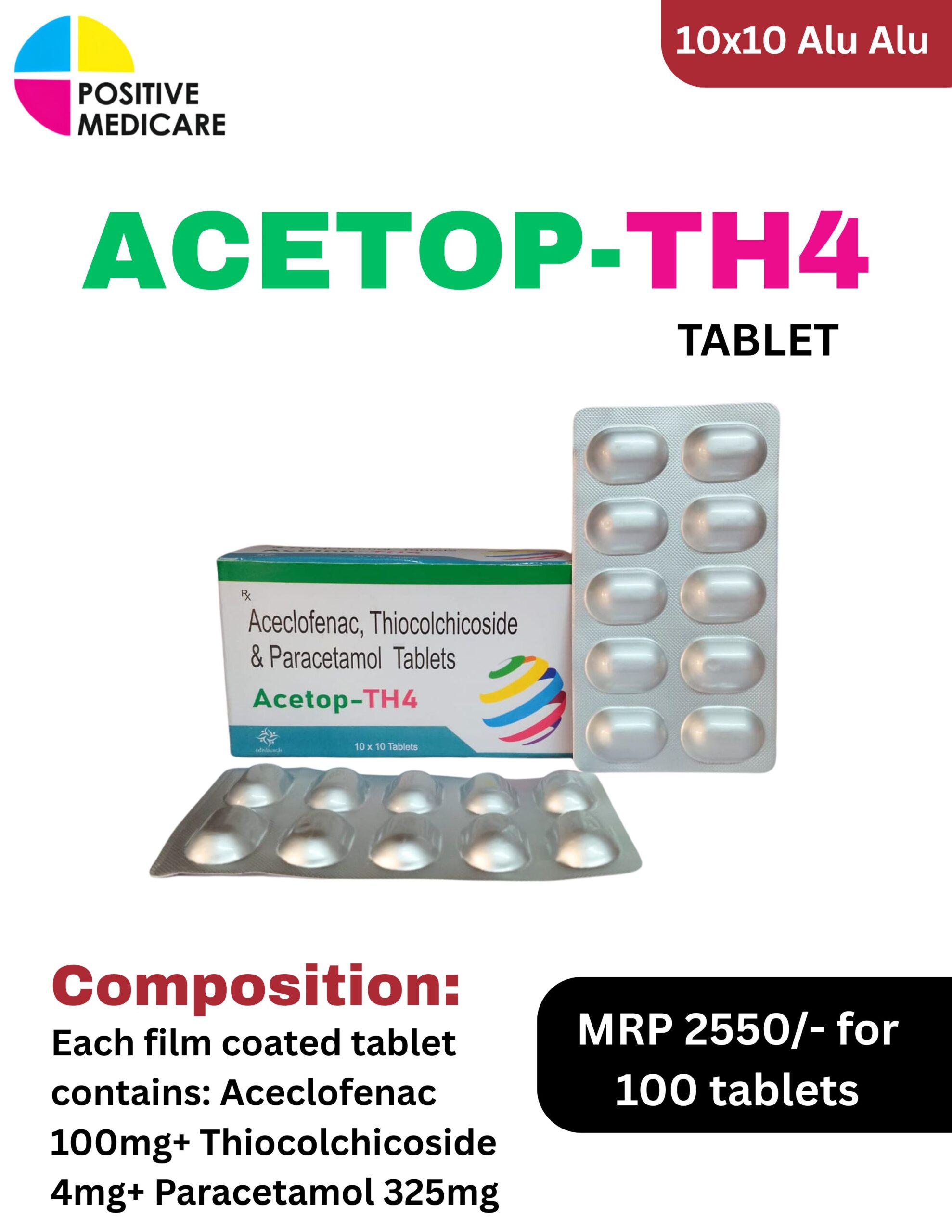 ACETOP TH4 ACETOP TH4 tablet containing Aceclofenac 100 mg, Thiocolchicoside 4 mg and Paracetamol 325 mg